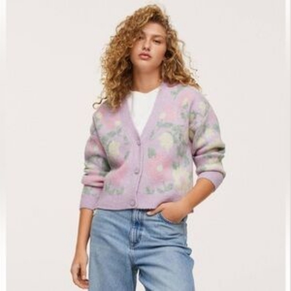 Mango Pastel Floral V-Neck Jewel Button Cardigan - Purple - Picture 1 of 13